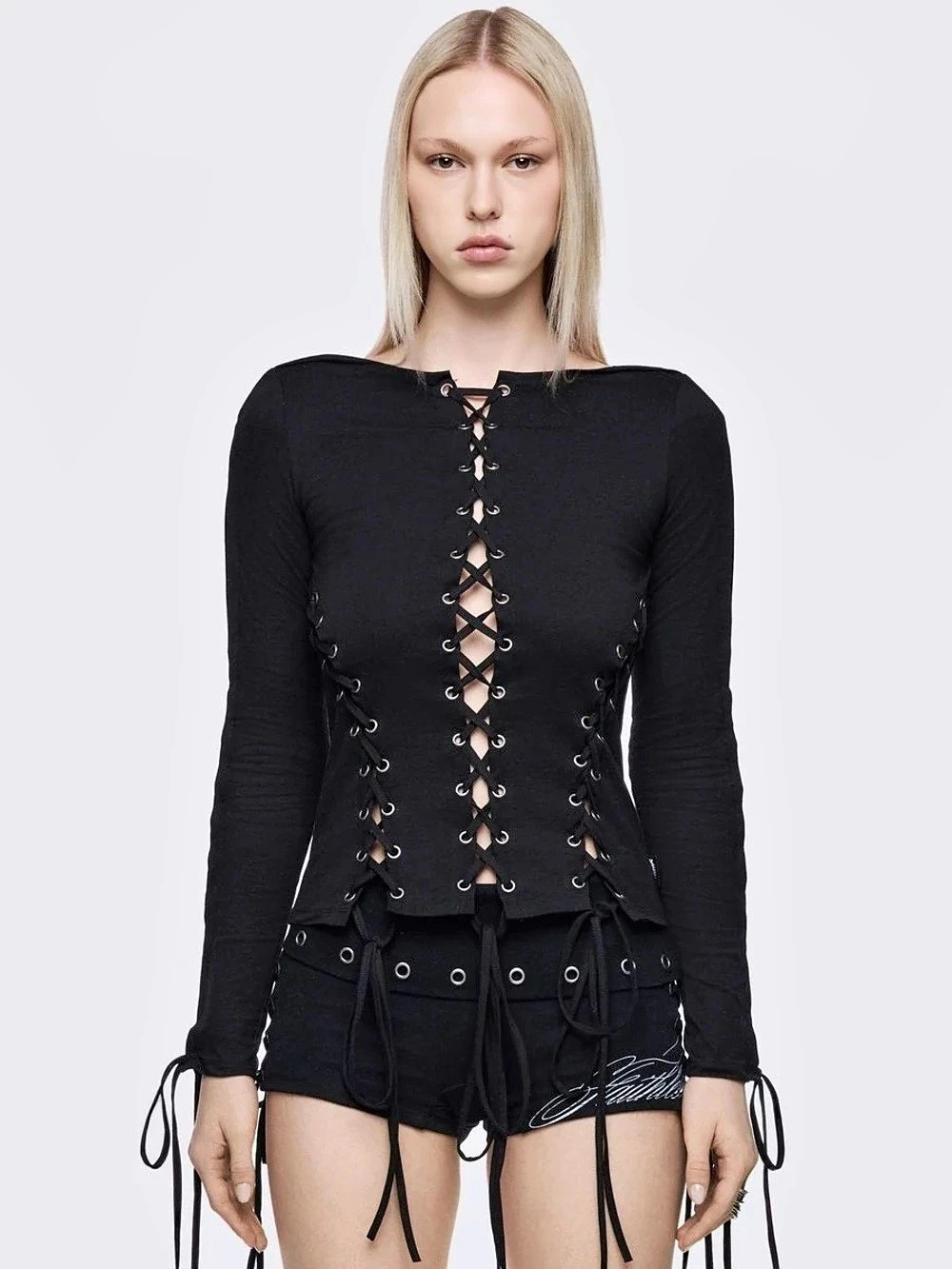 Minga London Black Lace-Up Long Sleeve Blouse XXXL NWT